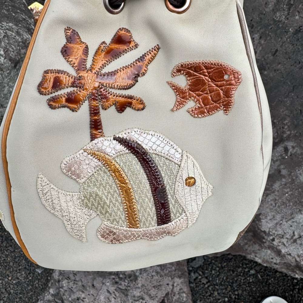 Sharif Vintage Made in USA Drawstring Bucket Bag Tropical Appliqué - Picture 5 of 16